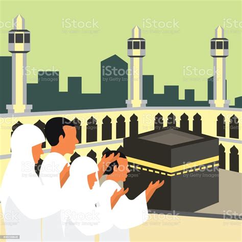 Muslim Pilgrims Perform Hajj Umrah Cartoon Character Vector
