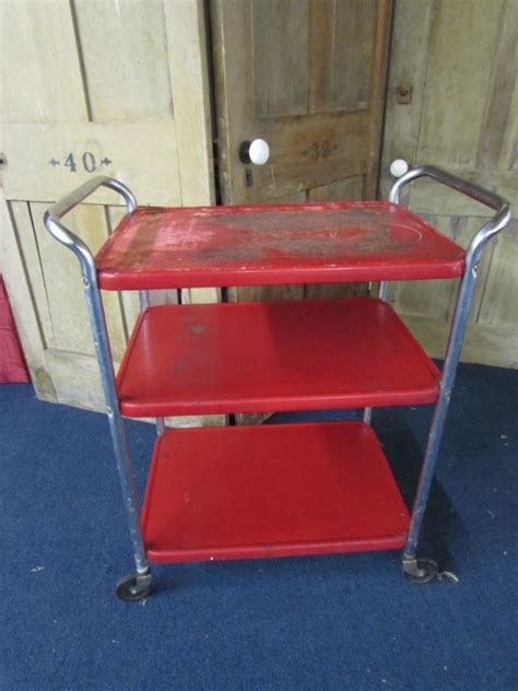 Vintage metal kitchen cart 3 shelves on wheels. Lot Detail - VINTAGE RED PAINTED METAL 3-SHELF SERVING CART