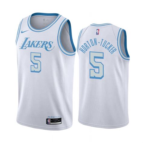 White stripes adorn the sides of the jersey, with a cannon. Los Angeles Lakers Talen Horton-Tucker #5 White 2020-21 ...