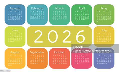 Calendar 2026 Year English Colorful Vector Horizontal Wall Or Pocket