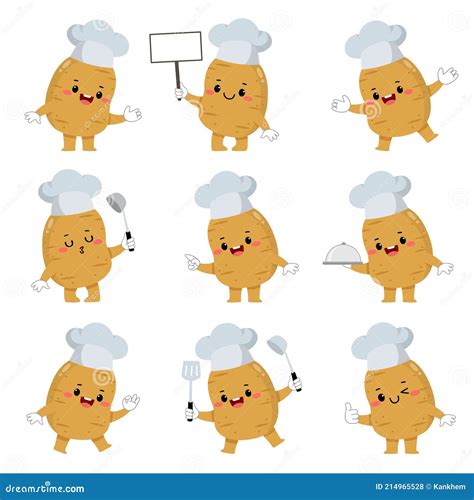 Set Of Cute Potato Chef Cartoon Characters With Various Activities