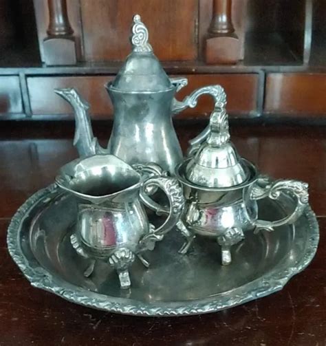 VINTAGE SILVER PLATE Tea Coffee Set Pot Creamer Sugar W 8 5 Tray 55