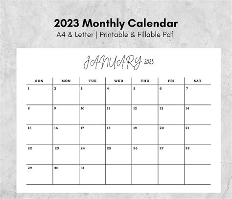 Simple 2023 Monthly Calendar Minimalist Calendar Instant Etsy