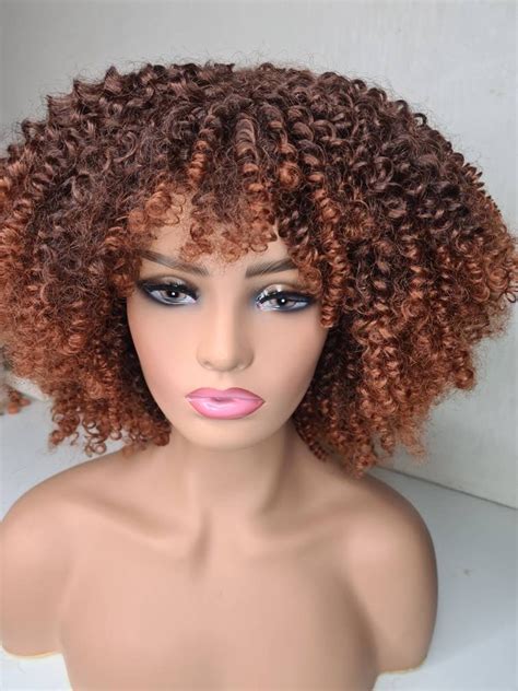 synthetic afro kinky curly wig with bang fringe in brown made of high temperature fibres etsy