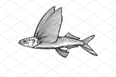 Flying Fish Engraving Vector Illustration By Alexart On Creativemarket