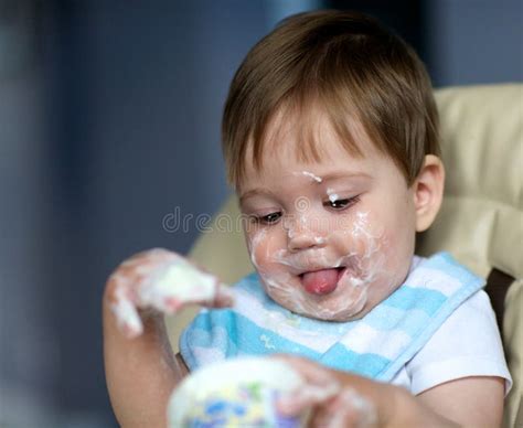 Baby Eating Yogurt Stock Photo Image Of Face Empty 22566768