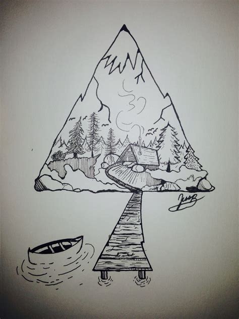 A Drawing Of A Mountain With A Boat In The Water And A House On It