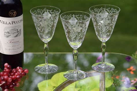 Vintage Needle Etched Wine Glasses Set Of 5 Fostoria Woodland Circa 1922 Antique Floral