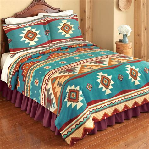 Southwest Turquoise Red And Brown Native Aztec Twin Fleece Quilt