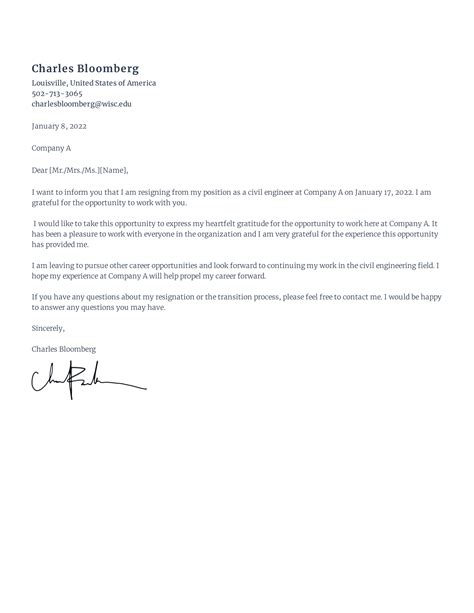 Free Civil Engineer Resignation Letter Sample Rezi