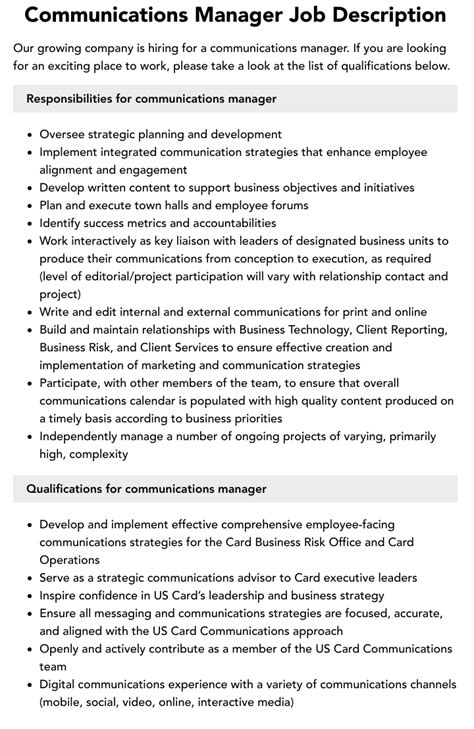 Communications Manager Job Description Velvet Jobs