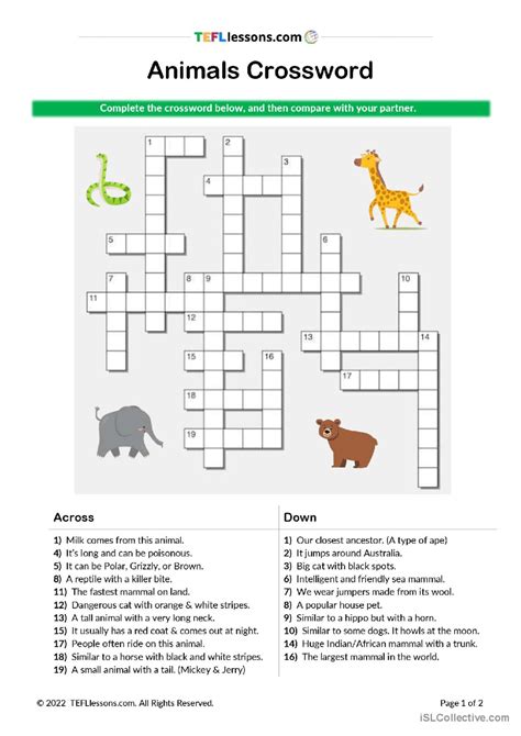 Animals crossword crossword: English ESL worksheets pdf & doc