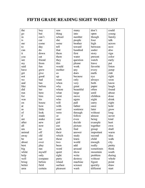 Word List For 5th Graders
