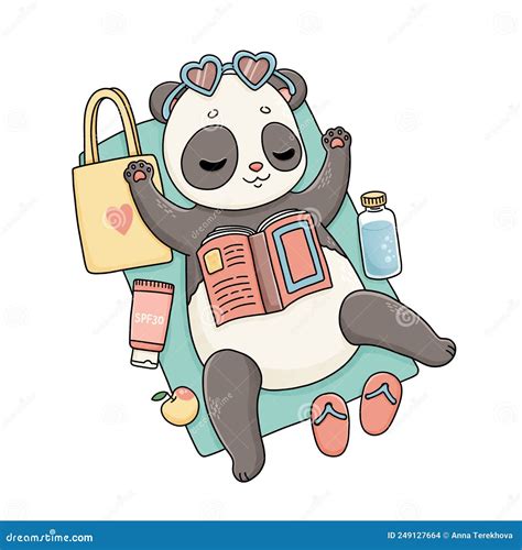 Summer Panda Lying On The Beach Towel With Book Stock Illustration