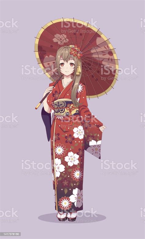 Anime Manga Girls In Traditional Japanese Kimono Costume Holding Paper