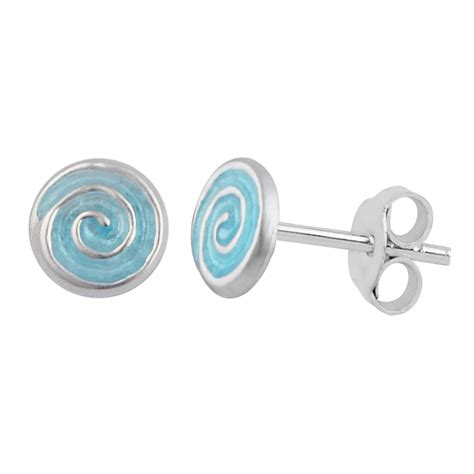 Sterling Silver Spiral Aqua Blue Turquoise Enamel Stud Earrings