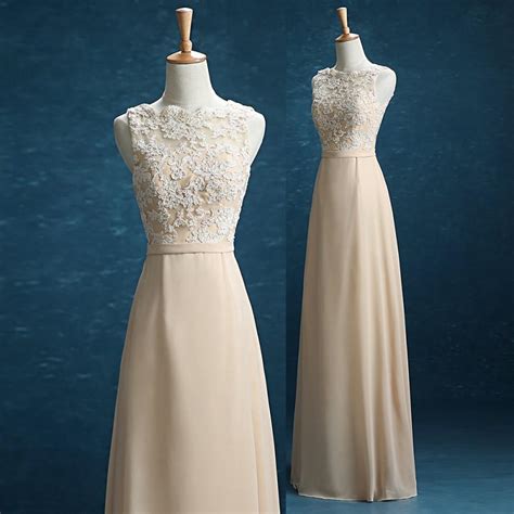 2016 Champagne Lace Chiffon Bridesmaid Dress Floor Length Wedding Dress Straps Formal Dress