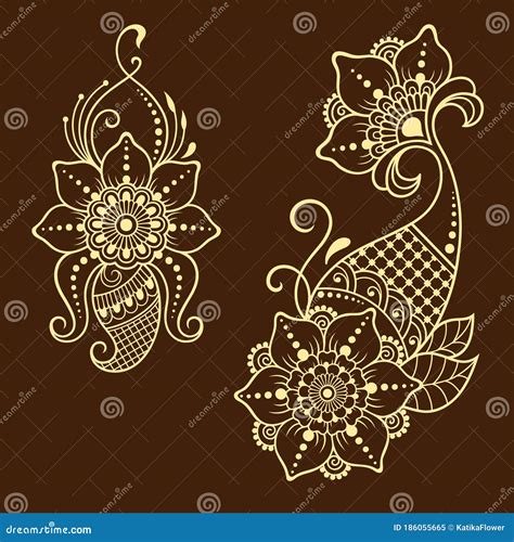 Henna Tattoo Flower Template And Seamless Border Mehndi Style Stock