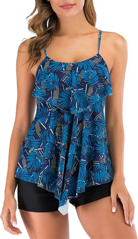 Easy Return Flyily Women 2 Piece Tankini Swimsuits Flounce Printed Top
