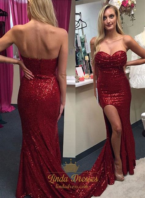Burgundy Sequin Strapless Sweetheart Side Split Prom Dress With Train