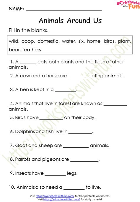 Environmental Science Class 1 Animals Around Us Worksheet 1 Wwf