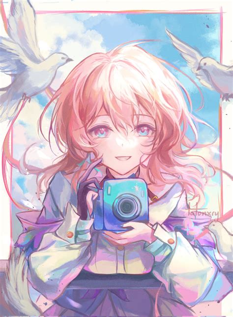 Safebooru 1girl Bird Blue Eyes Blue Sky Blush Camera Clouds Dove Highres Holding Holding