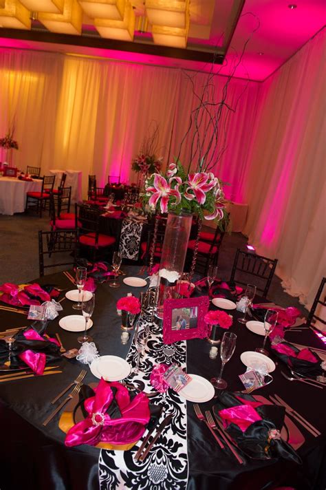 Hot Pinkblack And White Wedding Reception Decor W Flower Centerpiece