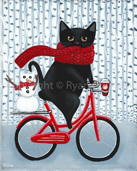 Winter And Coffee Bicycle Ride Original Black Cat Folk Art Painting By