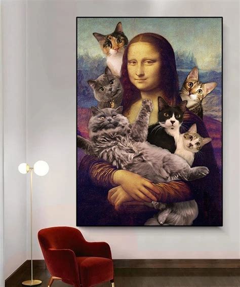 Mona Lisa With Cats Print Funny Art Print Most Famous Mona Etsy