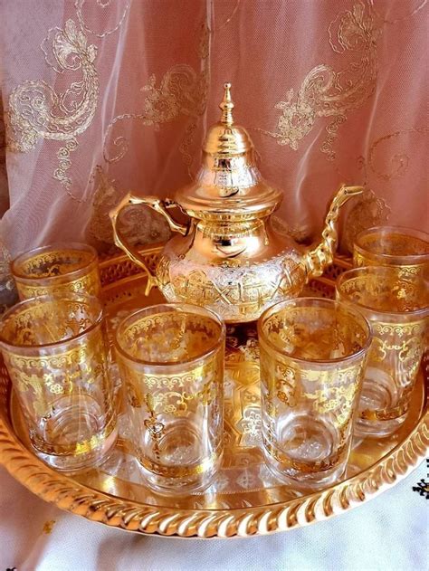 Set Of 6 Vintage Moroccan Tea Glasses Authentic Teapot Tray