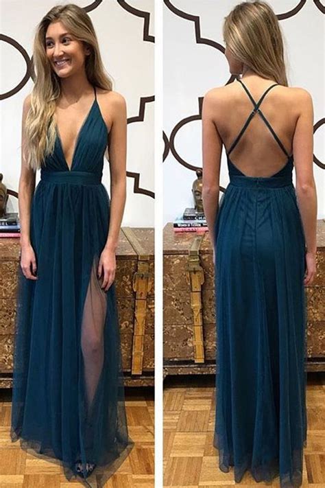 sexy a line spaghetti straps blue tulle prom dress with split criss cross evening dresses on