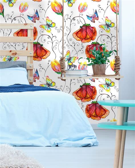 Removable Wallpaper Self Adhesive Wallpaper Poppy Flowers And Etsy