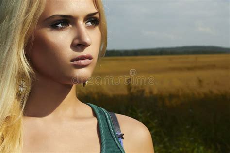 Beautiful Blond Girl On The Fieldbeauty Womannature Stock Image