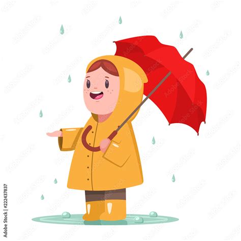 Vetor Do Stock Baby Girl In A Yellow Raincoat And Rubber Boots Is