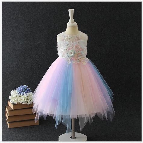 Rainbow Princess Dress Elegant Baby Girls Birthday Party Dress Flower
