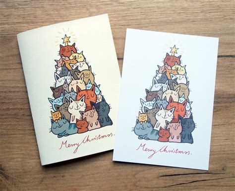 Cute Cat Christmas Card Cats Tree Postcard Etsy Cat Christmas