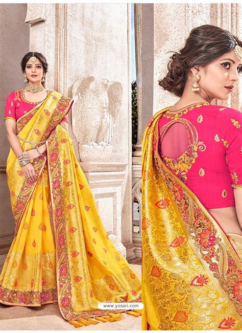 Buy Yellow Heavy Banarasi Silk Wedding Sari Wedding Sarees