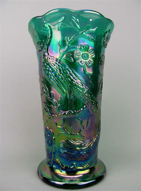 Fenton S Peacock Garden On An Emerald Green Carnival Glass Flared Vase Made For Singleton