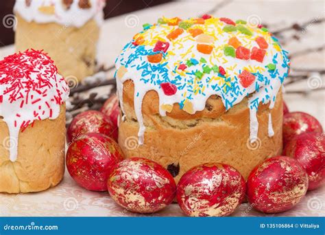 Easter Cakes Or Kulich Paska Bread With Painted Eggs Stock Photo