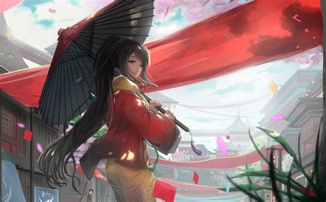 Online Crop Female Anime Character Holding Umbrella Digital Wallpaper
