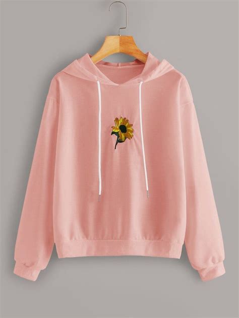 Floral Embroidered Drop Shoulder Drawstring Hoodie Shein Usa In 2020