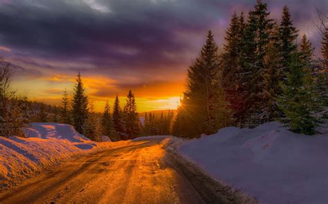 Sunset On A Winter Road In Norway Wallpapers And Images Wallpapers