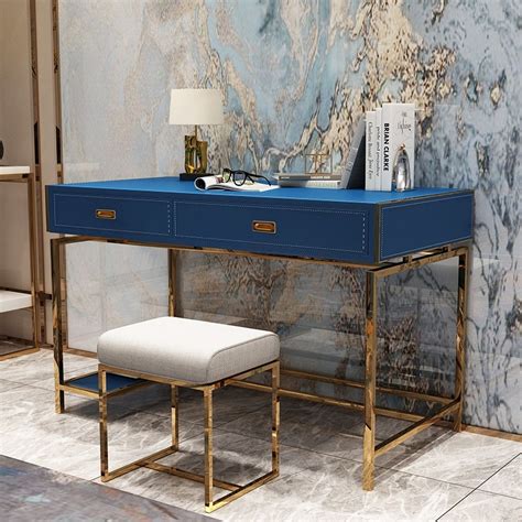 Luxury Modern Blue Brown Faux Leather Office Desk