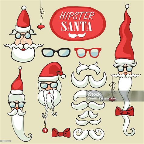 Hipster Santa Claus Faces Setfunny Doodle Stock Illustration Download