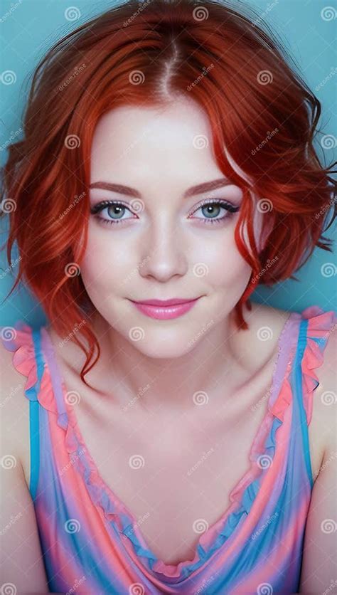 Portrait Of A Beautiful Young Woman With Red Hair And Blue Eyes Stock