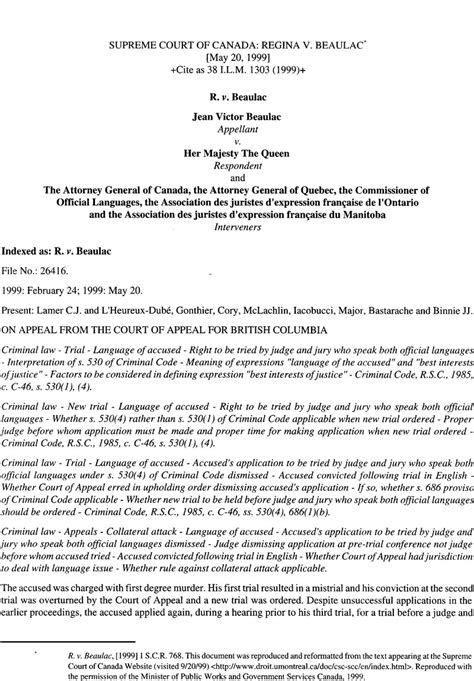 Supreme Court Of Canada Regina V Beaulac International Legal