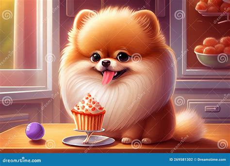 Cute Pomeranian Anime Eats Plays Runs And Smiles Stock Illustration