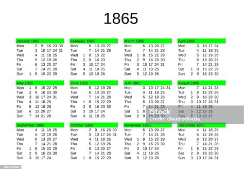 Year 1865 Calendar In English Stock Illustration Download Image Now