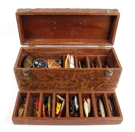 Lot Antique Wooden Loaded Tackle Box