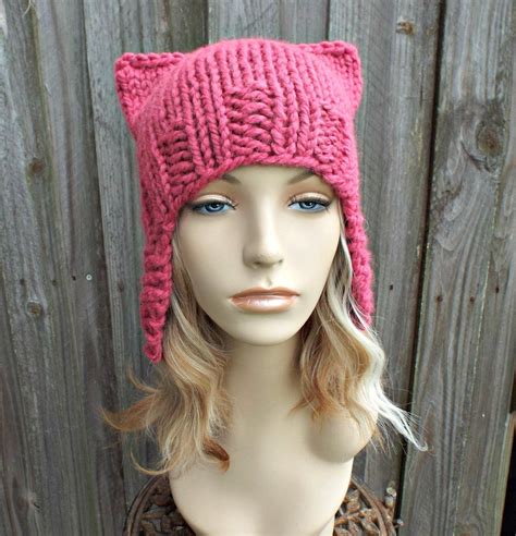 Chunky Knit Hat With Cat Ears Pink Pussyhat Pink Pussy Hat Etsy